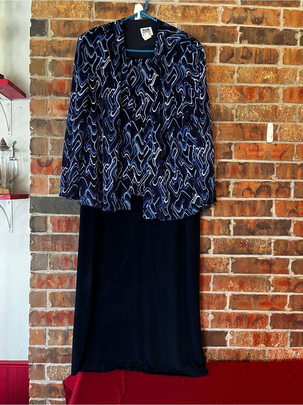 R&M Richards Navy & Black Printed Jacket with Black Maxi Skirt